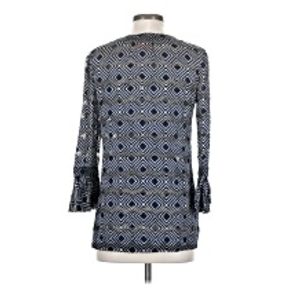 Tory Burch Tunic Women 0 Navy White Geometric Silk Blend Ruffle Split Neck
